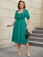 Green Short Sleeve A Line Dress with 3D Bow Design Emerald Green Dress