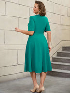 Green Short Sleeve A Line Dress with 3D Bow Design Emerald Green Dress