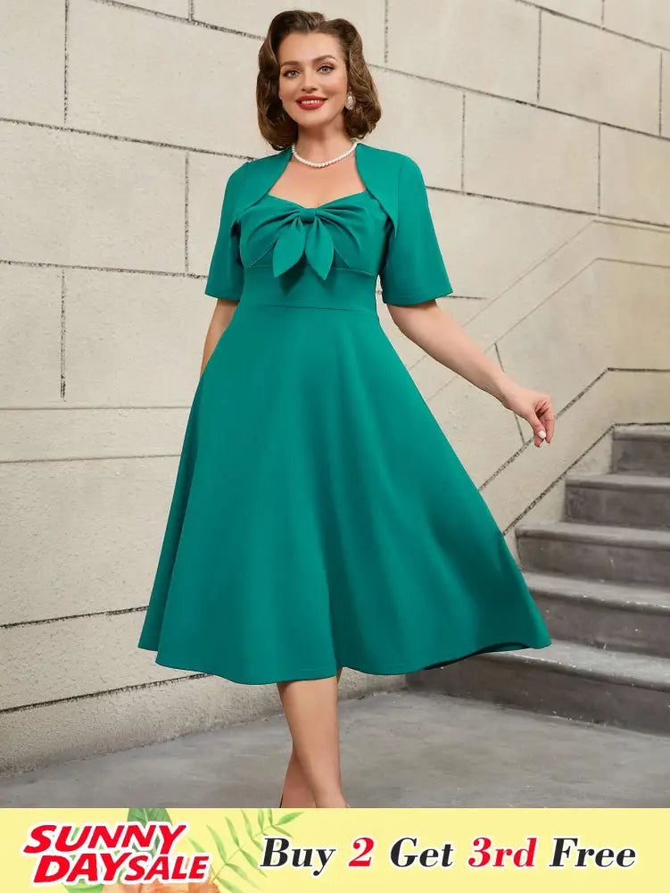 Green Short Sleeve A Line Dress with 3D Bow Design Emerald Green Dress