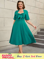 Green Short Sleeve A Line Dress with 3D Bow Design Emerald Green Dress