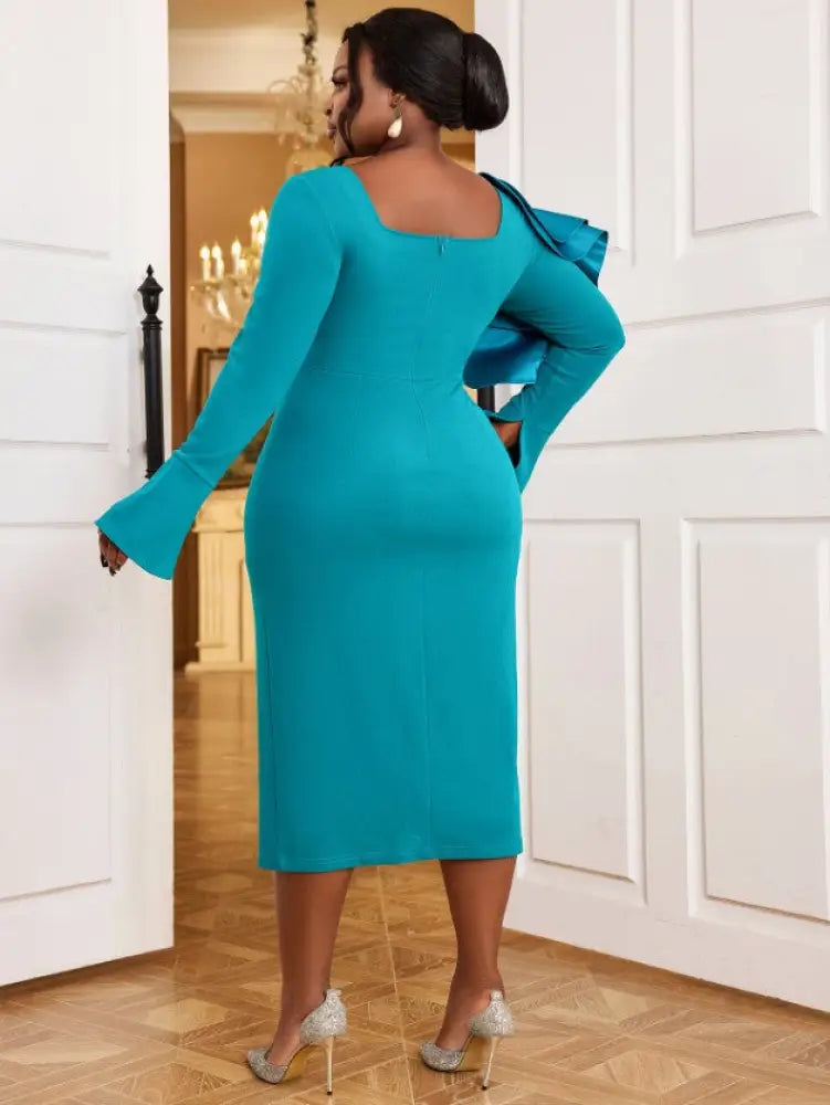 Green Square Collar Midi Dress Long Flare Sleeve 3D Flower
