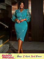 Green V Neck Midi Dresses Beaded See Through Irregular