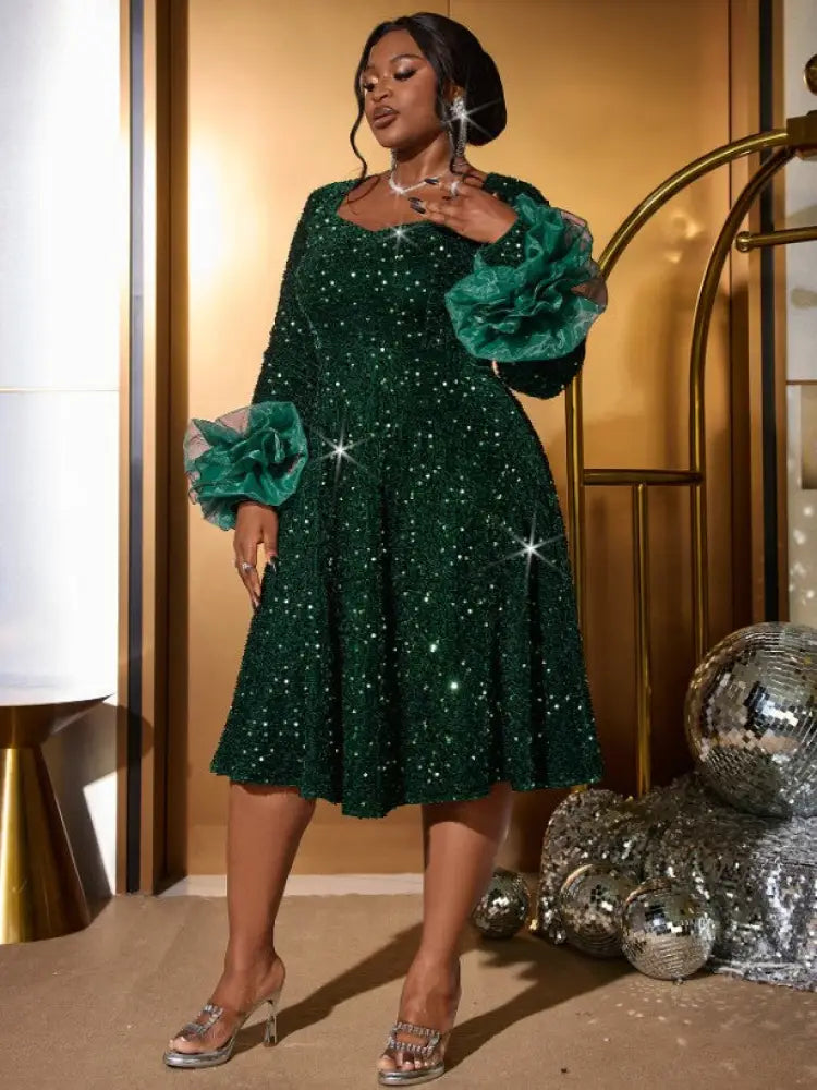 Green Velvet Sequins a line Dress Long Sleeve Tulle Ruffle