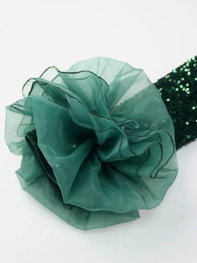 Green Velvet Sequins a line Dress Long Sleeve Tulle Ruffle