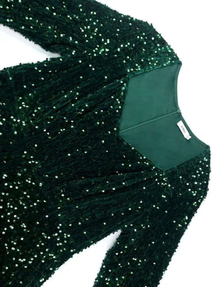 Green Velvet Sequins a line Dress Long Sleeve Tulle Ruffle