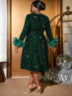 Green Velvet Sequins a line Dress Long Sleeve Tulle Ruffle