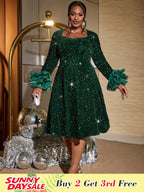 Green Velvet Sequins a line Dress Long Sleeve Tulle Ruffle