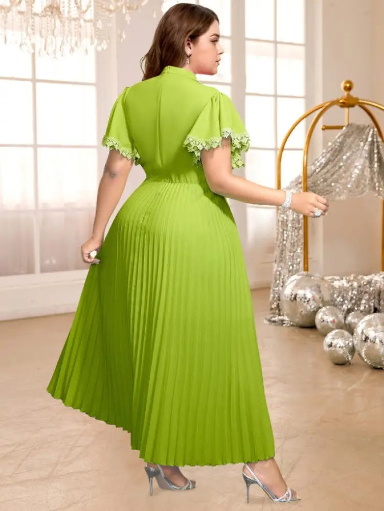 Half High Collar Bowtie Butterfly Sleeves Pleated Dress