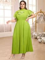 Half High Collar Bowtie Butterfly Sleeves Pleated Dress