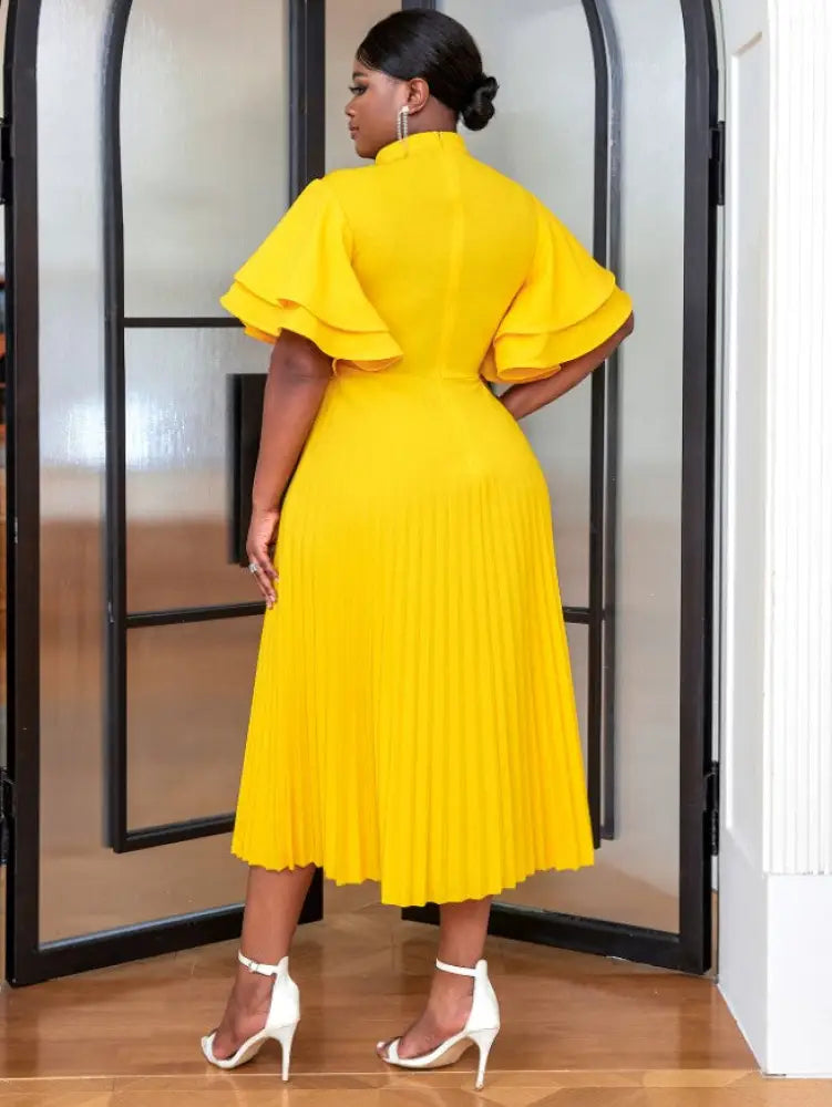Halter Stand Neck Ruffles Sleeves A Line Pleated Dress