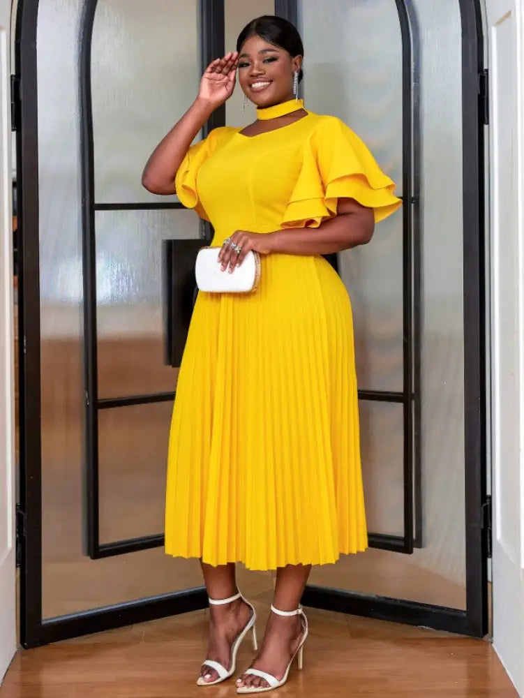 Halter Stand Neck Ruffles Sleeves A Line Pleated Dress