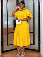 Halter Stand Neck Ruffles Sleeves A Line Pleated Dress
