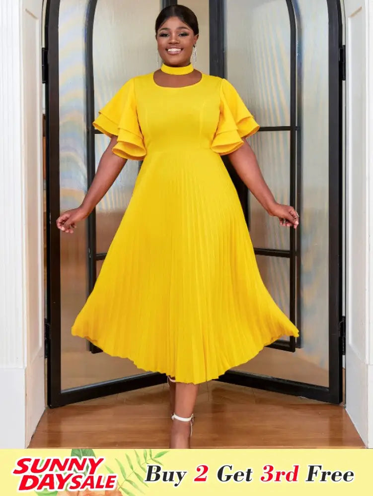 Halter Stand Neck Ruffles Sleeves A Line Pleated Dress