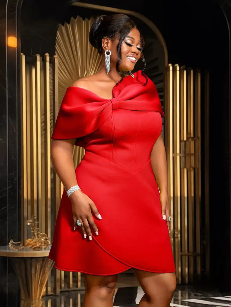 High Waist A Lline Dress Off Shoulder Big Bow Asymmetrical
