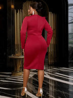 High Waist Appliqued O Neck Midi Dress with Long Sleeves