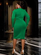 High Waist Appliqued O Neck Midi Dress with Long Sleeves