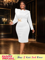 High Waist Appliqued O Neck Midi Dress with Long Sleeves