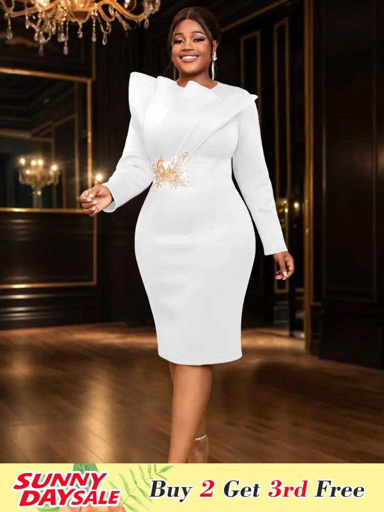 High Waist Appliqued O Neck Midi Dress with Long Sleeves