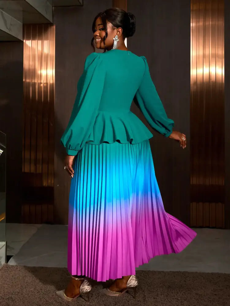 High Waist Dress Green Round Neck Long Lantern Sleeve