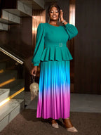 High Waist Dress Green Round Neck Long Lantern Sleeve