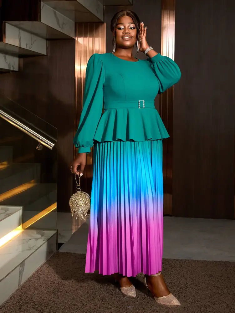 High Waist Dress Green Round Neck Long Lantern Sleeve