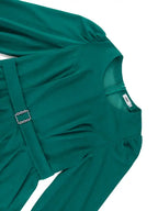 High Waist Dress Green Round Neck Long Lantern Sleeve
