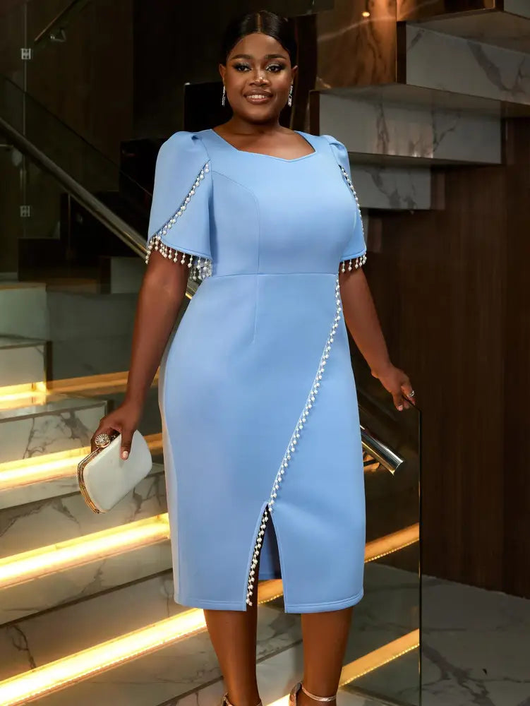 Holiday Party Dress with Tassel Beads Blue Evening Gown Midi Wedding Guest Dresses