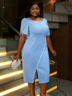Holiday Party Dress with Tassel Beads Blue Evening Gown Midi Wedding Guest Dresses
