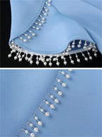Holiday Party Dress with Tassel Beads Blue Evening Gown Midi Wedding Guest Dresses