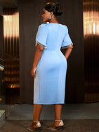 Holiday Party Dress with Tassel Beads Blue Evening Gown Midi Wedding Guest Dresses