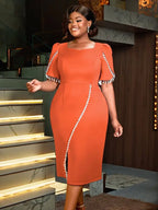 Holiday Party Dress with Tassel Beads Blue Evening Gown Midi Wedding Guest Dresses