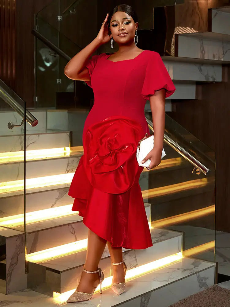 Holiday Party Outfits Red Woman 3D Flower Elegant Dresses