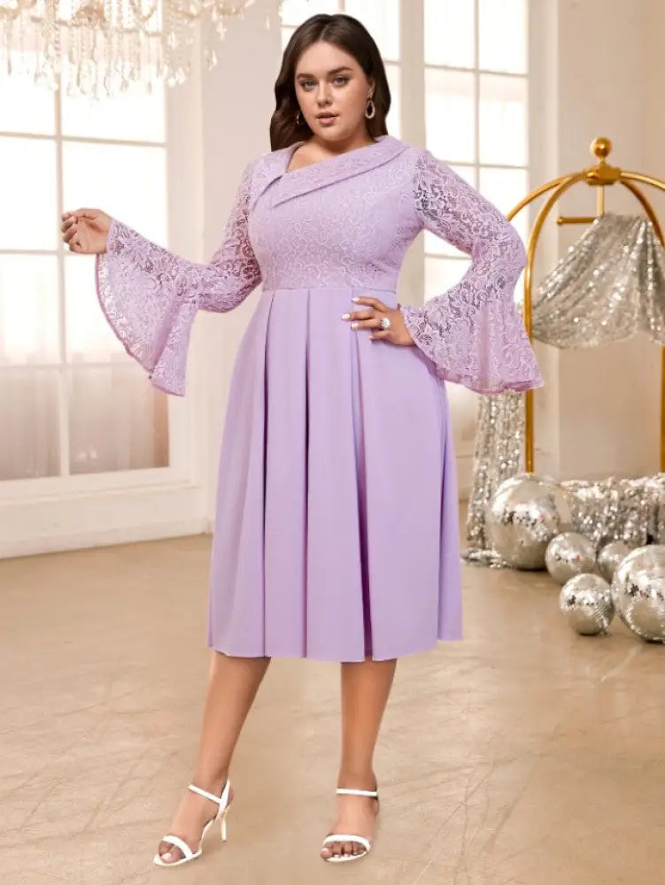 Irregular Collar Flare Sleeve Lace Patchwork A-Line Dress