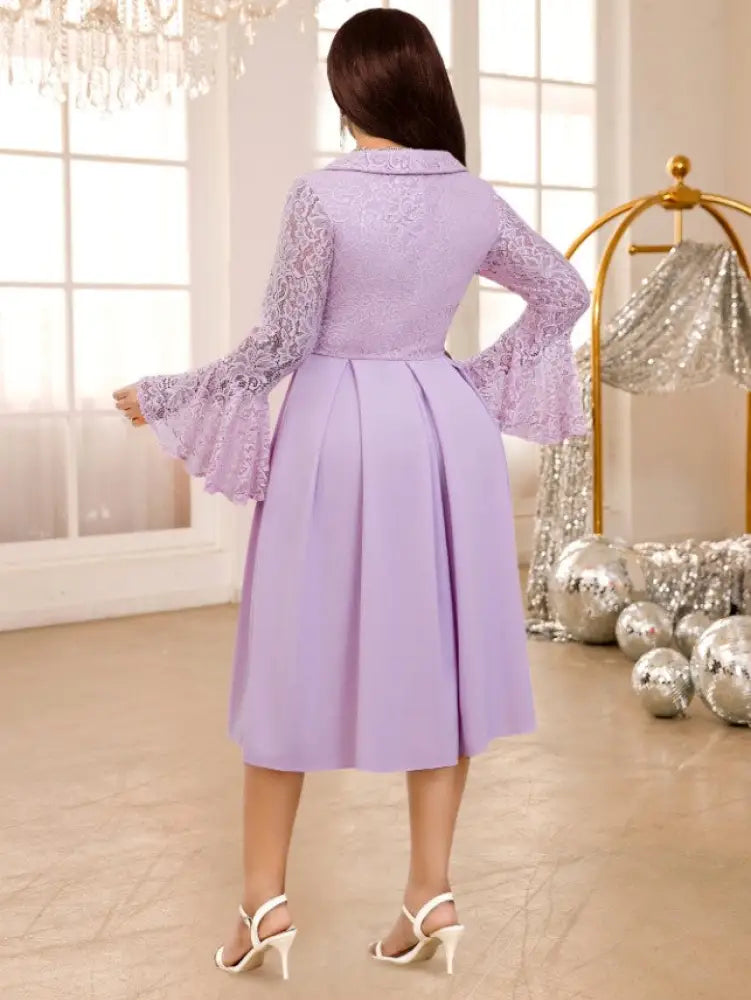 Irregular Collar Flare Sleeve Lace Patchwork A-Line Dress