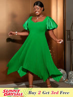 Irregular Pleated A Line Dress Sweetheart Neck Puff Sleeve