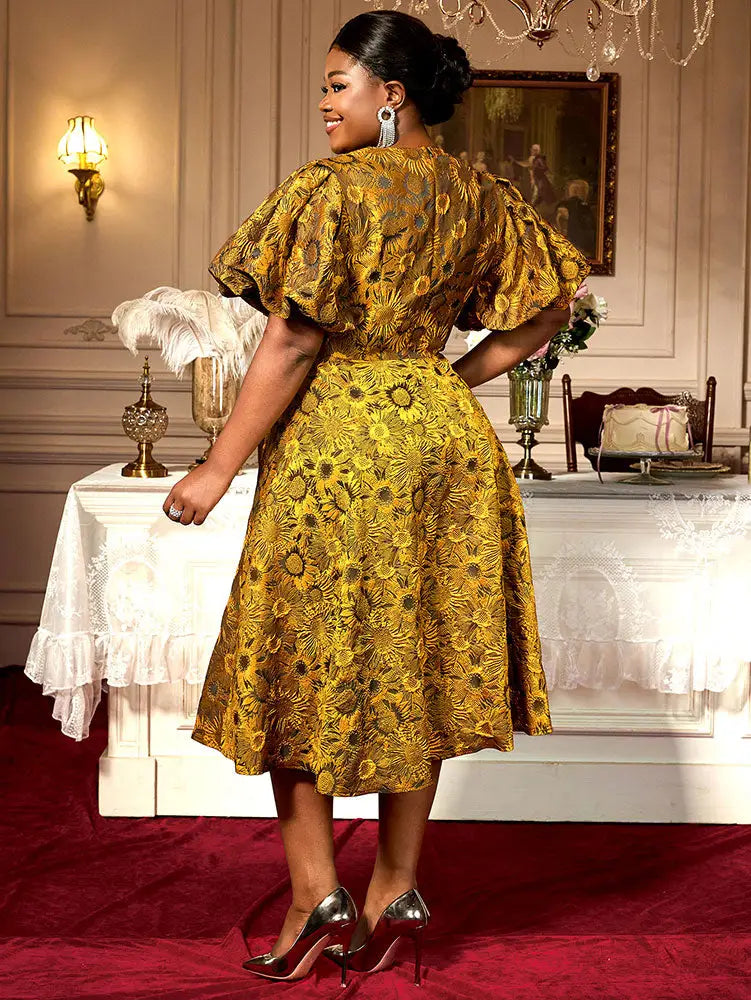 Jacquard A Line Dresses Short Lantern Sleeves Elegant Retro Party Event