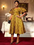 Jacquard A Line Dresses Short Lantern Sleeves Elegant Retro Party Event