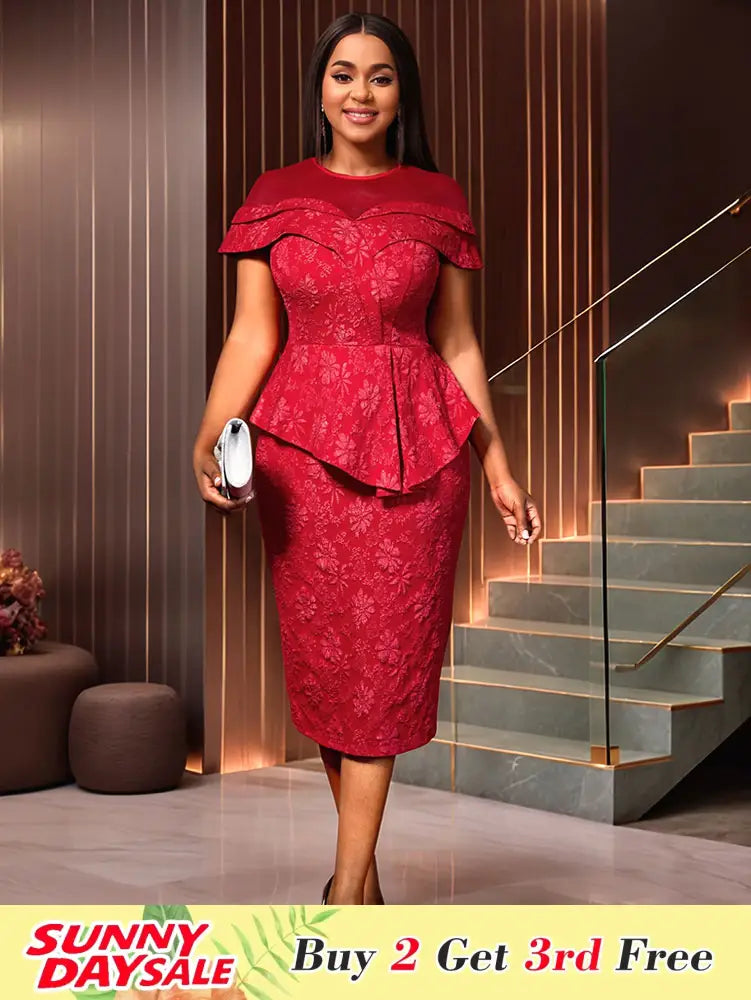Jacquard Dress Women Formal Red Church Package Hip Dress