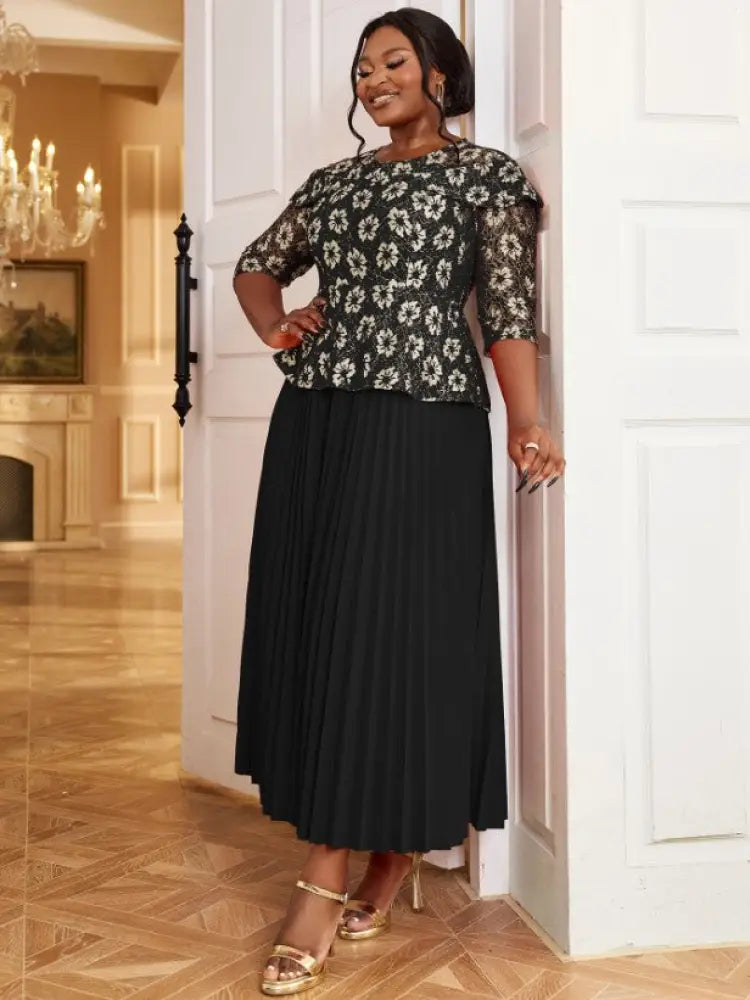 Lace Floral Pleated Maxi Dress O Neck Patchwork High Waist