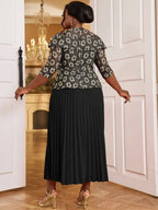 Lace Floral Pleated Maxi Dress O Neck Patchwork High Waist