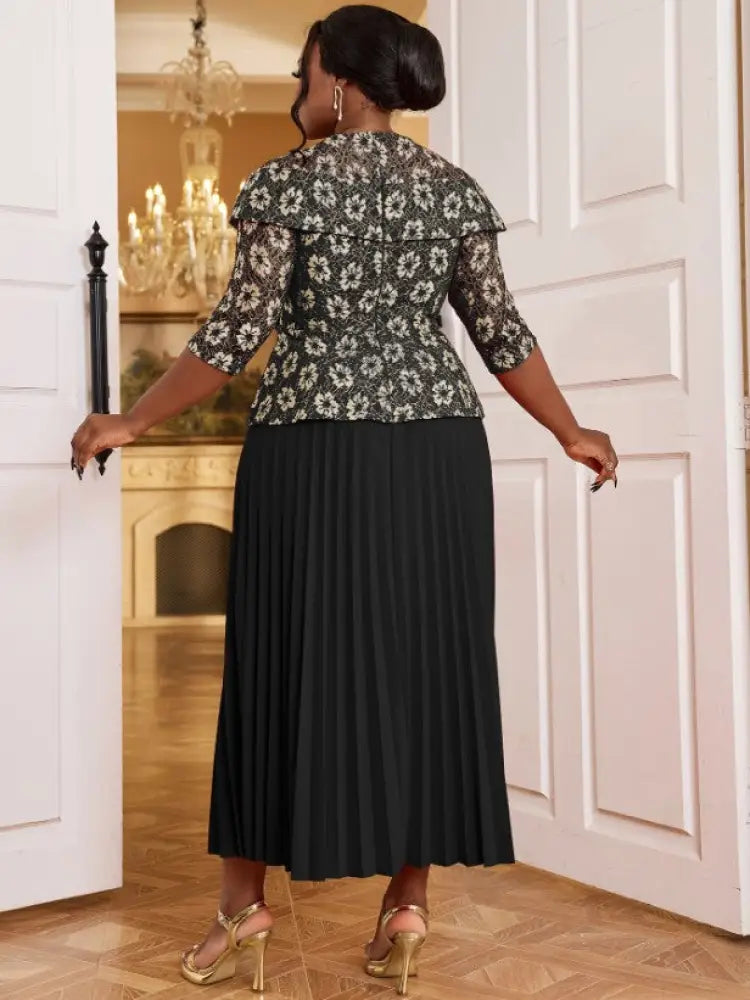 Lace Floral Pleated Maxi Dress O Neck Patchwork High Waist