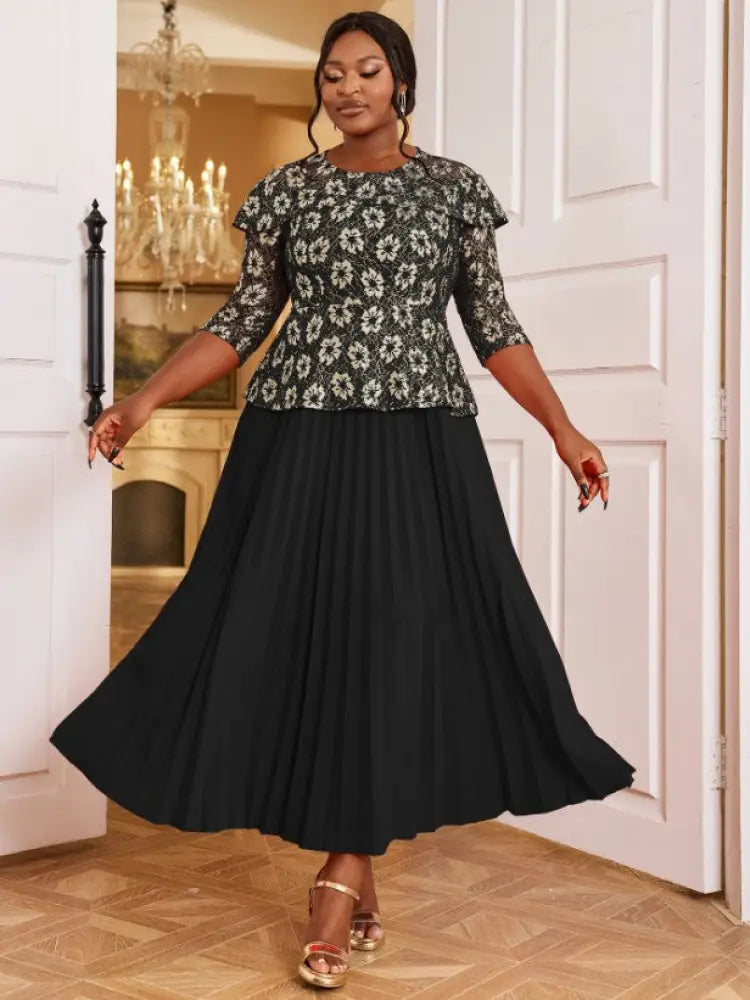 Lace Floral Pleated Maxi Dress O Neck Patchwork High Waist
