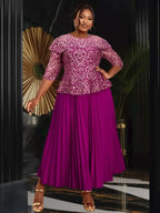 Lace Floral Pleated Maxi Dress O Neck Patchwork High Waist