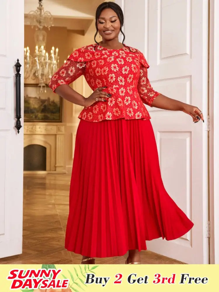 Lace Floral Pleated Maxi Dress O Neck Patchwork High Waist
