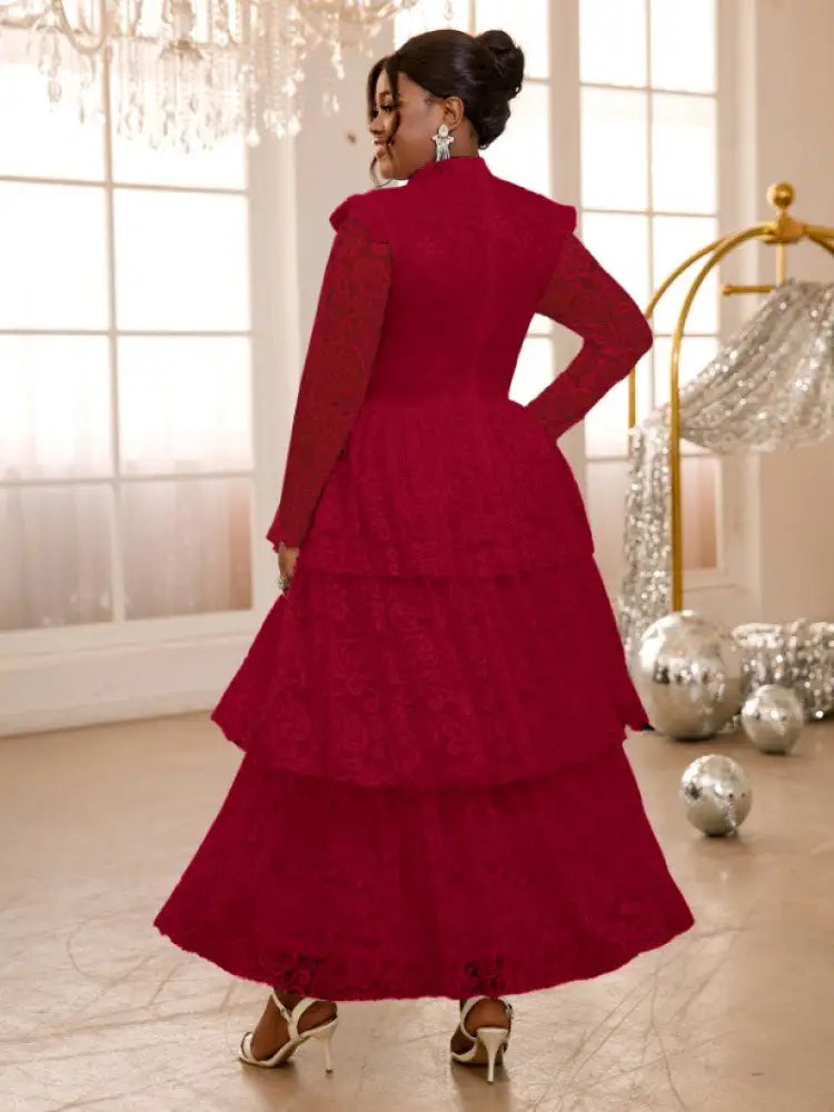 Lace Long Dress Mock Neck See Through Sleeve Layerd A Line