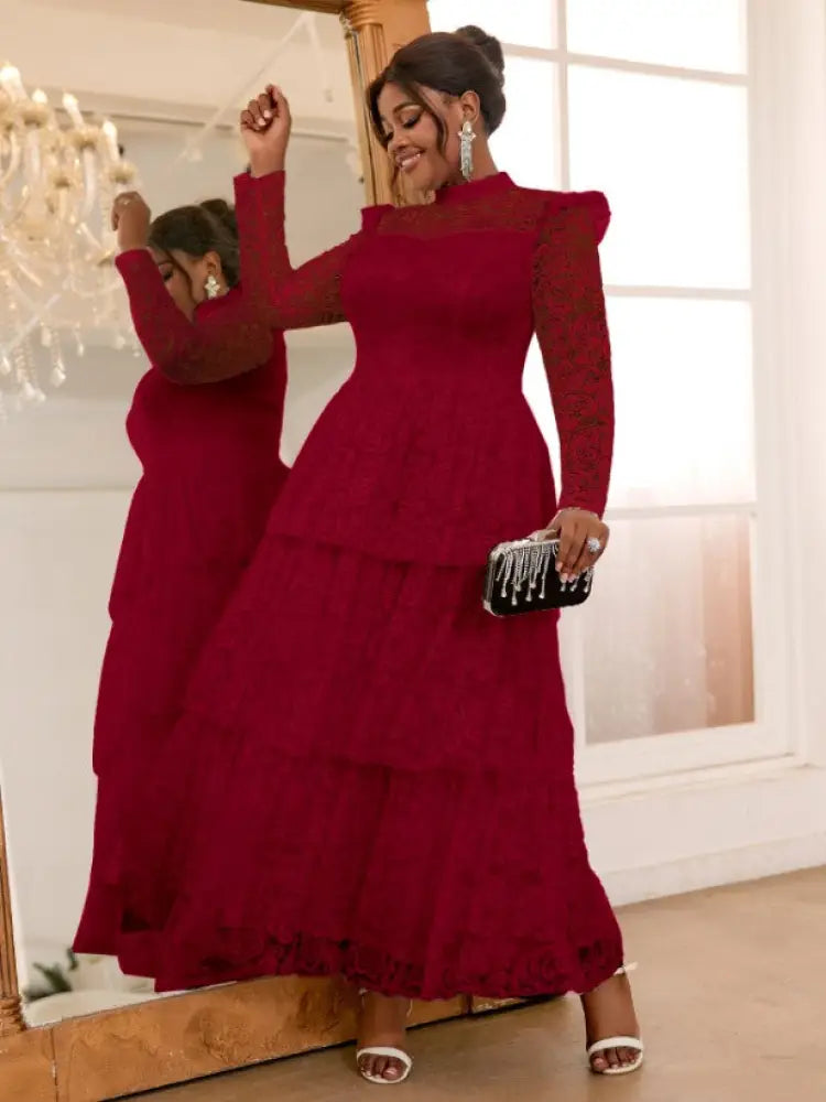 Lace Long Dress Mock Neck See Through Sleeve Layerd A Line