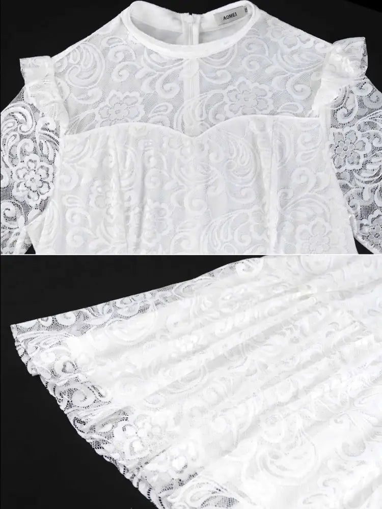 Lace Long Dress Mock Neck See Through Sleeve Layerd A Line