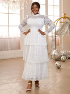 Lace Long Dress Mock Neck See Through Sleeve Layerd A Line