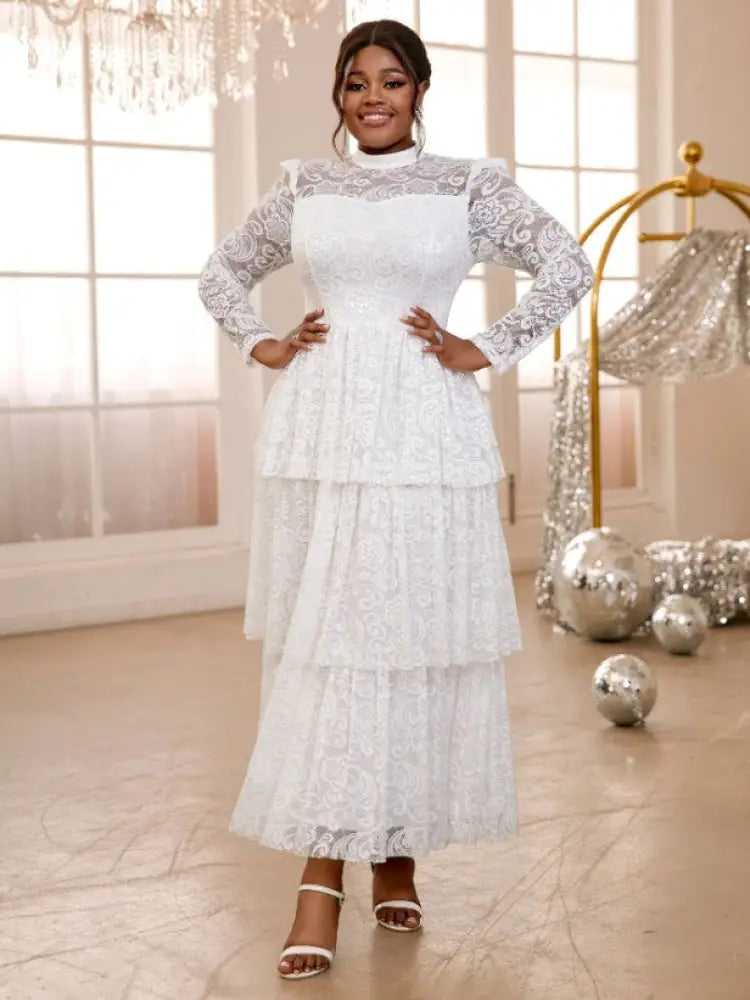 Lace Long Dress Mock Neck See Through Sleeve Layerd A Line