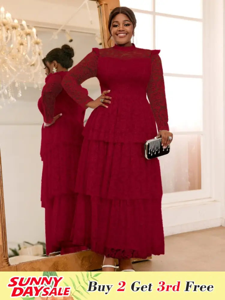 Lace Long Dress Mock Neck See Through Sleeve Layerd A Line